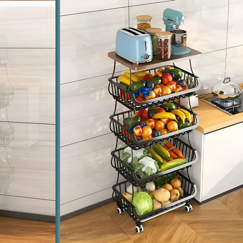 Black six-tier freestanding kitchen storage rack on floor