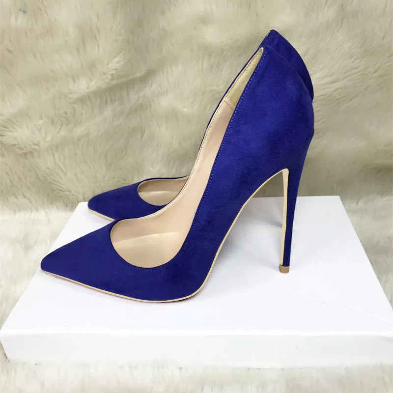 Blue suede stiletto heels with pointed toe, sheepskin insole and rubber sole, super high heel over 8cm