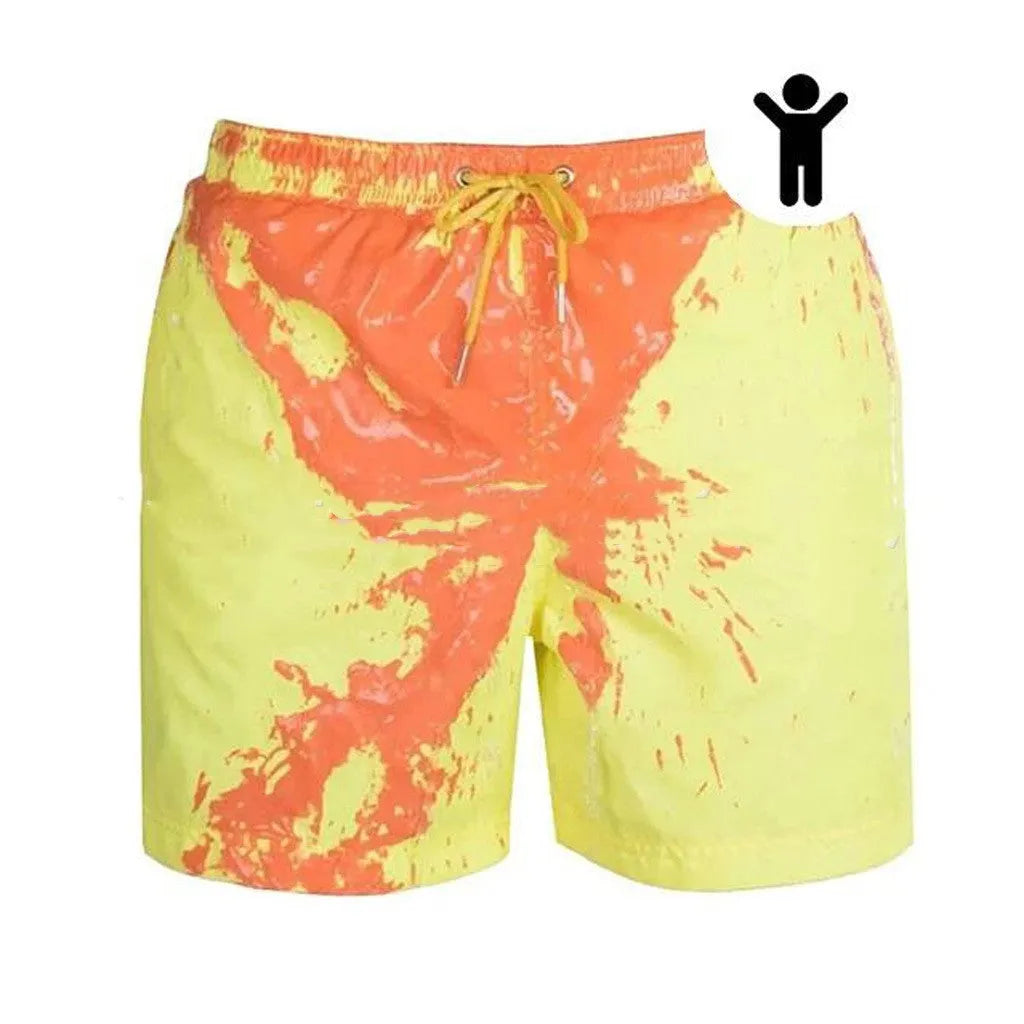 Magical colour-changing beach shorts for men in blue, with drawstring waist and quick-dry polyester fabric