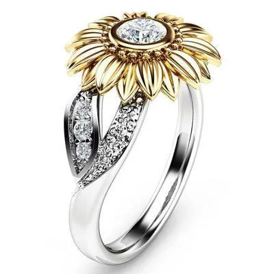 Gold-plated sunflower colour separation zircon crystal couple ring in silver, 15mm width