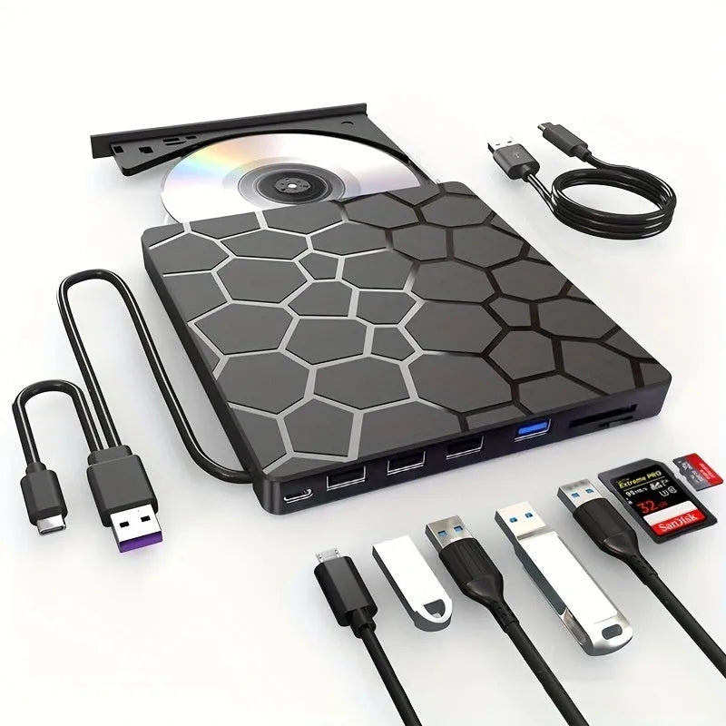 Black external USB CD drive with burner functionality for laptops