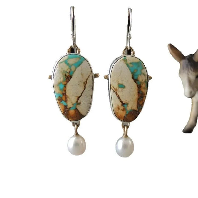 Vintage coloured turquoise and pearl drop pendant earrings on electroplated alloy, 45mm length, colourful pearl finish