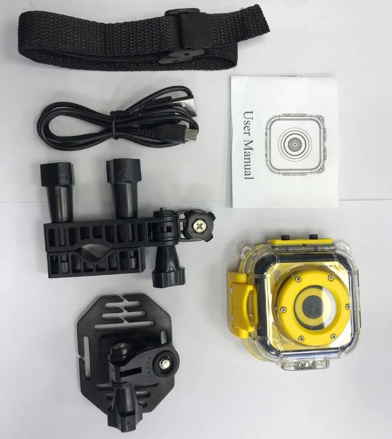 Yellow children's waterproof sports camera with 1.77-inch screen showing dimensions of 60x60x25mm