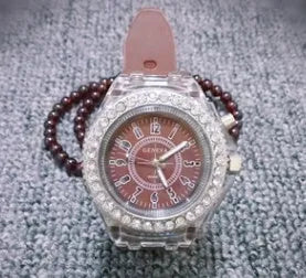 Geneva women's quartz watch with luminous LED display on silicone strap in multiple colours