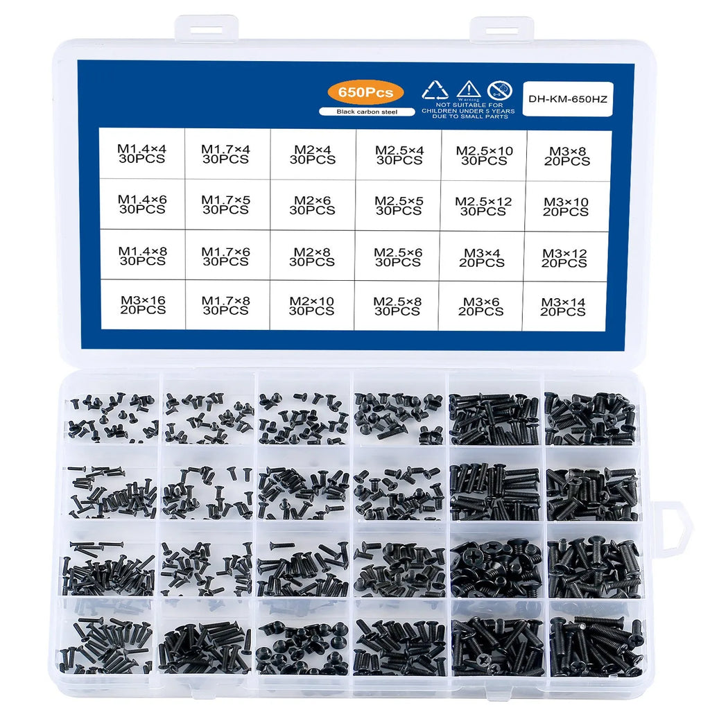 Laptop screw set with black plating carbon steel countersunk head screws in 450, 650 or 720 piece boxes