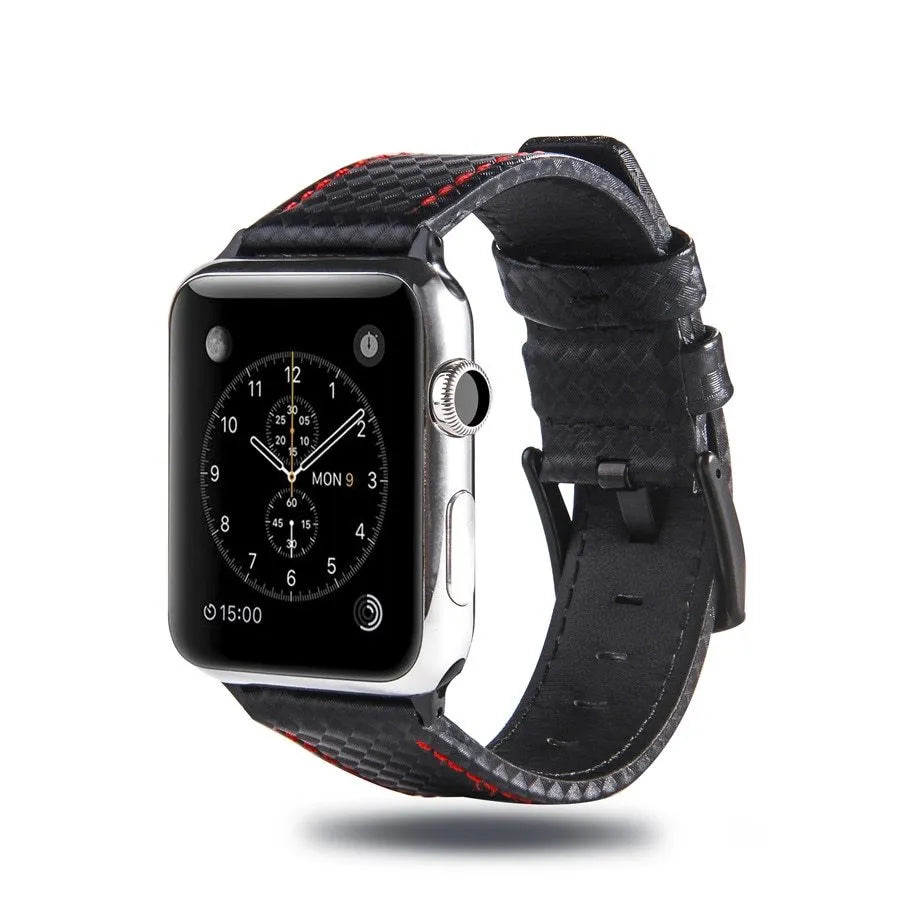 Carbon fibre pattern PC hard shell watch case with leather band in multiple colour options for iPhone compatible watches