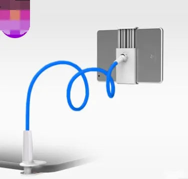 Black aluminium alloy bedside phone handset with a long arm and wide clamp, holding a mobile phone above a bed.