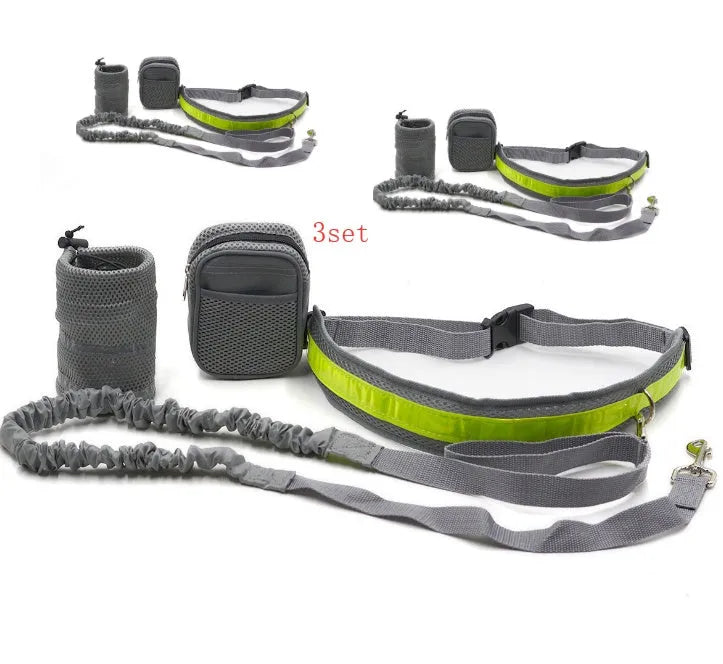 Adjustable hands-free dog leash set with 144cm nylon rope, 78-110cm waist belt, waist bag, and sundries bag