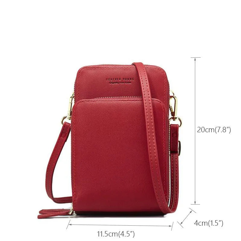 PU leather messenger mobile wallet with detachable buckle and adjustable strap, size 11.5cm x 6.5cm x 18.5cm, in black