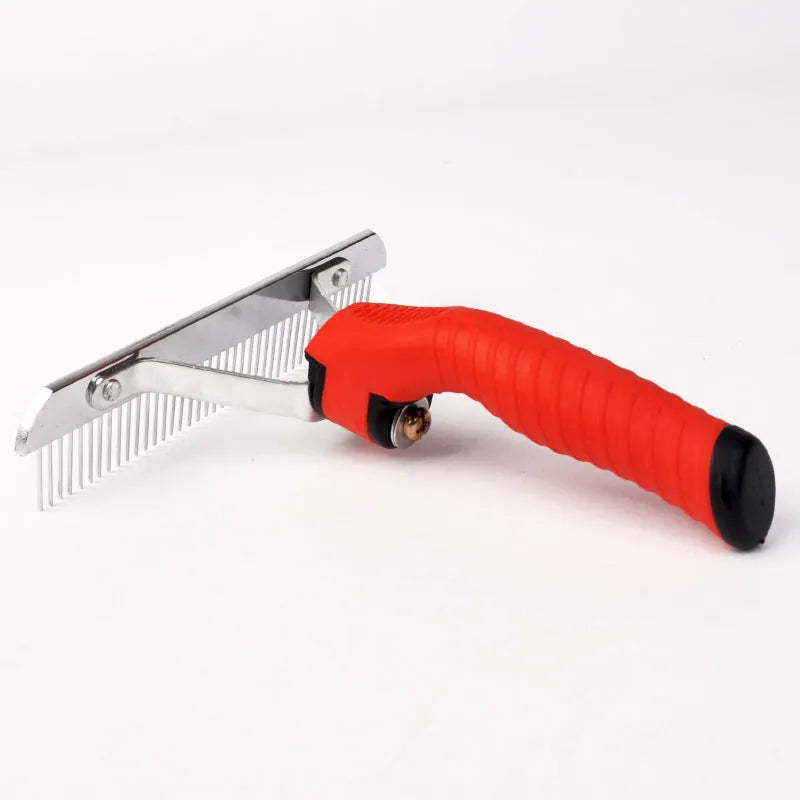 Large red dog comb with rubber handle and metal teeth for pet grooming