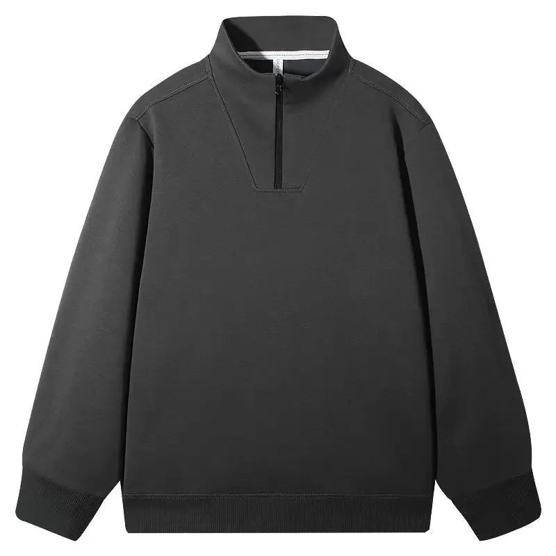 Men's loose fit polyester zip-up sweatshirt in black, front view, casual pullover style