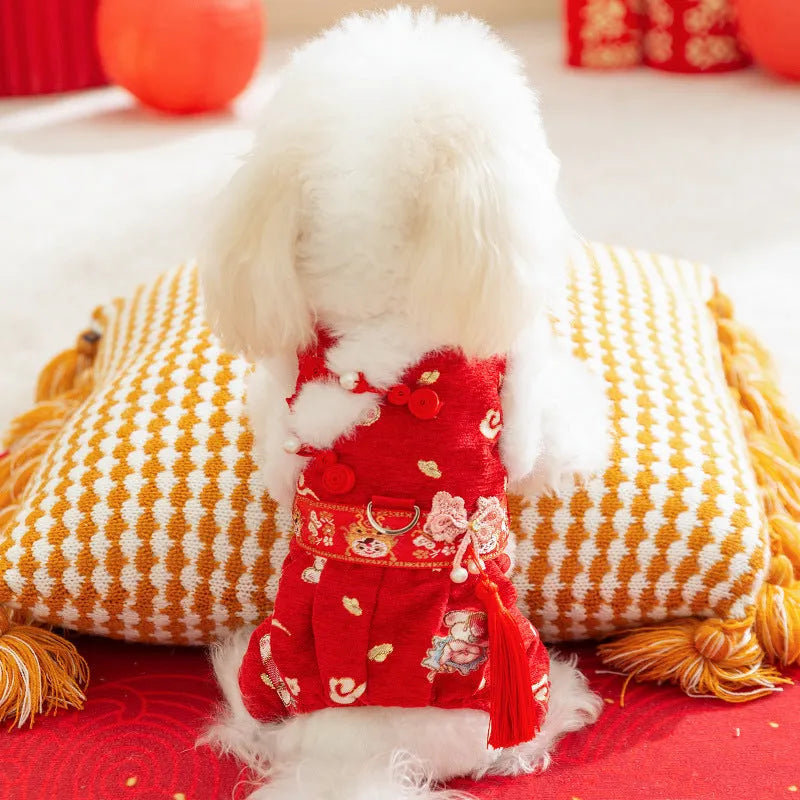 Red embroidered Tang suit for small dog with faux fur trim and tassels