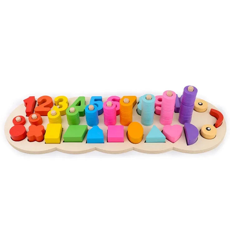 Early childhood education wooden logarithmic board with numbers, geometric figures, and colourful beads