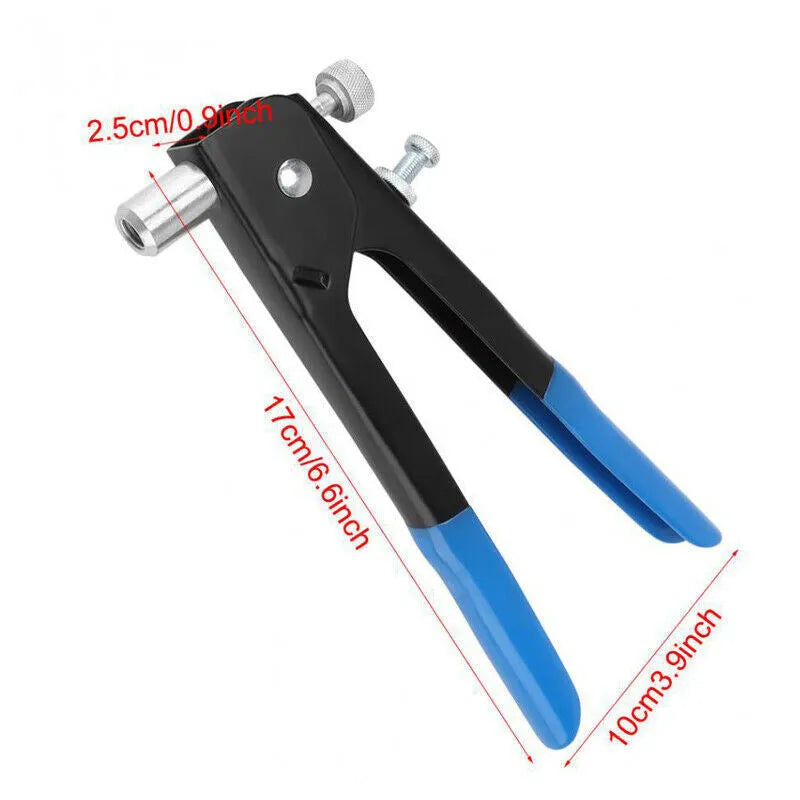 Alloy steel manual riveter tool and assortment of rivet nuts in a set case.