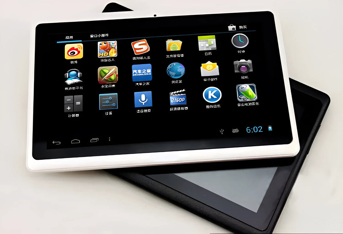 7-inch Android tablet in plastic body, 20.0 cm x 10.0 cm x 5.0 cm, with Wi-Fi, Bluetooth, dual camera, and eight colour options