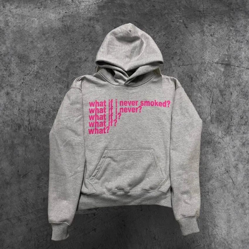 Black hooded pullover sweatshirt with white letter print pattern on the front.