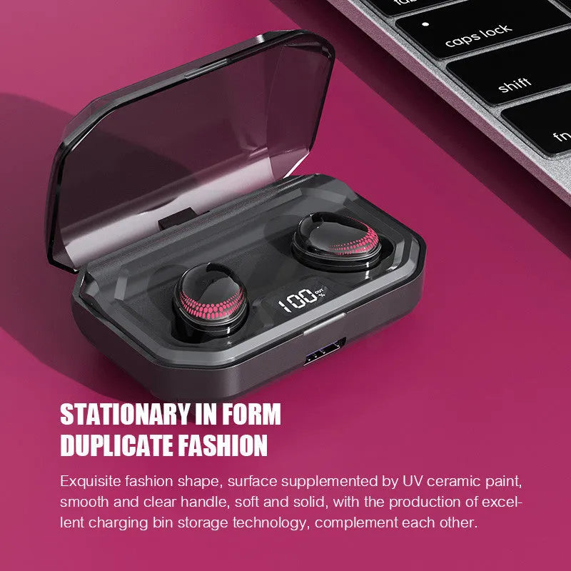 Black Bluetooth wireless headset with its compact rectangular charging case.