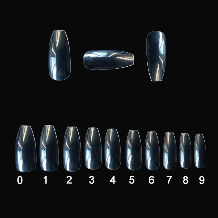 500 clear natural acrylic false nails in various sizes on a white background.