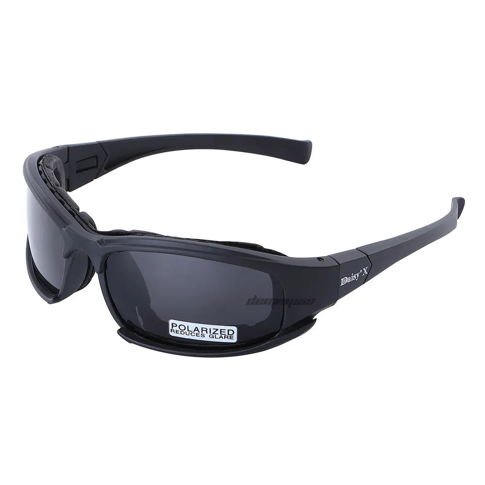 Tactical sports riding glasses with full frame PC construction and interchangeable lenses including transparent film