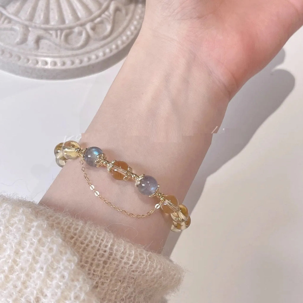 Chinese style moonstone crystal bracelet with 14K gold electroplating and diamond-shaped citrine moon design