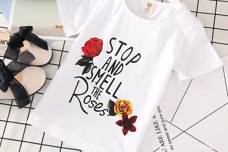 Girls 2 piece outfit with white t-shirt and denim skirt, black or red letters, sizes 100cm to 140cm