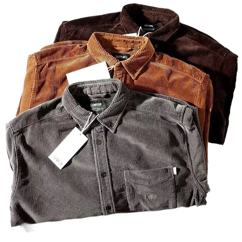 Long sleeve loose fit caramel corduroy Hong Kong style cardigan shirt laid flat