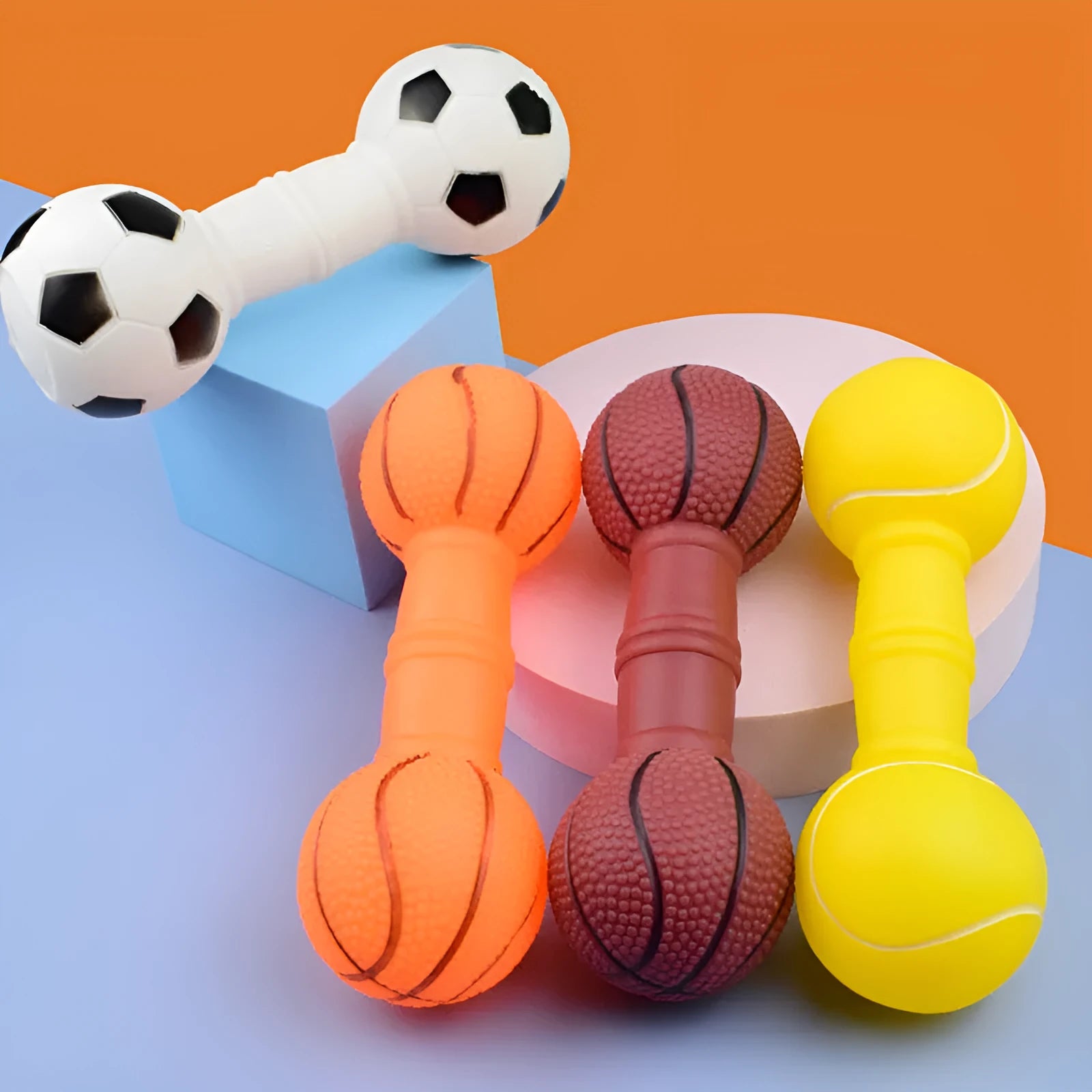 PVC dumbbell football shaped dog chew toy with squeaker in multiple colours