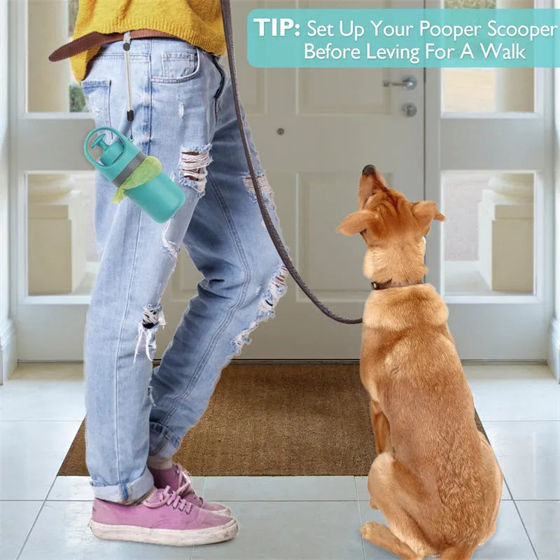 Blue portable dog pooper scooper with eight-claw shovel, built-in poop bag dispenser and lanyard