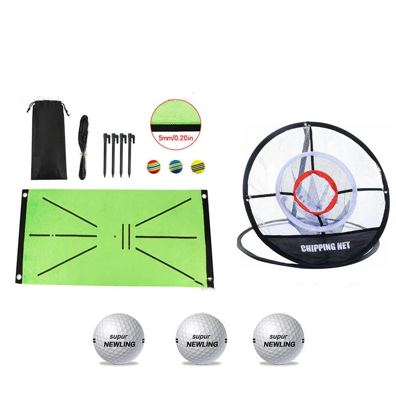 Indoor golf practice cutting pad with crystal swan suede surface and three rainbow balls on SBR base