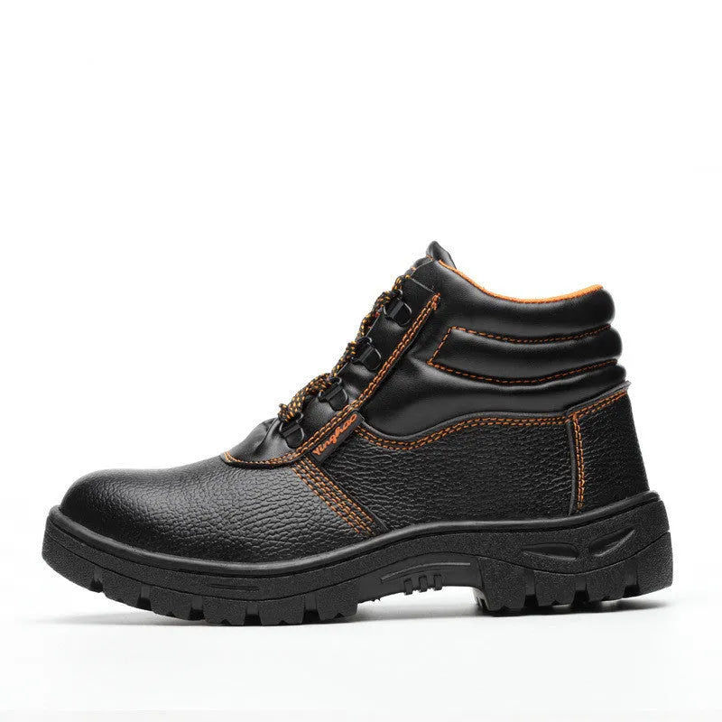 Black steel toe high-top work shoes with microfiber leather upper and rubber sole for heavy-duty safety