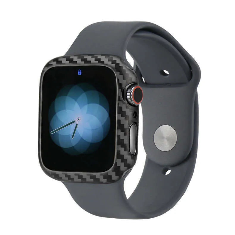 Apple Watch 4 in a slim black leather protective case showing front and side views.