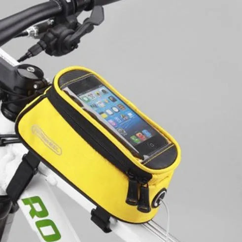 ROSWHEEL black PVC bicycle frame bag holding an iPhone on a bike top tube