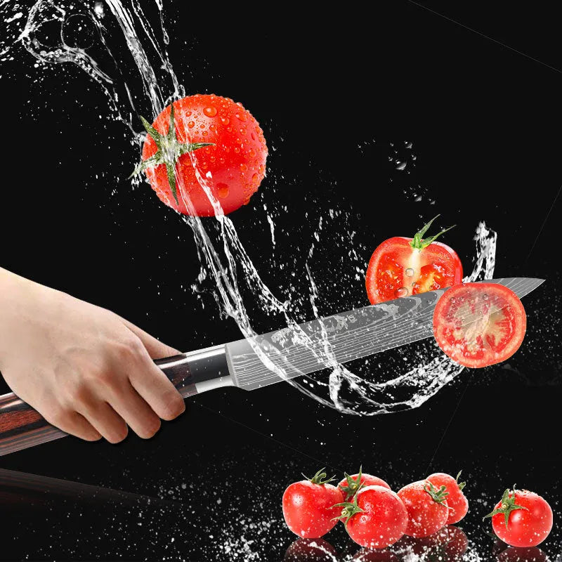 7CR17 stainless steel chef knife with laser Damascus pattern and colour steel handle