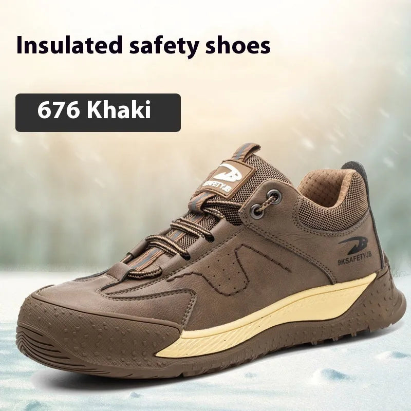 Flyknit leather safety work shoe with rubber sole, shown in black colour.