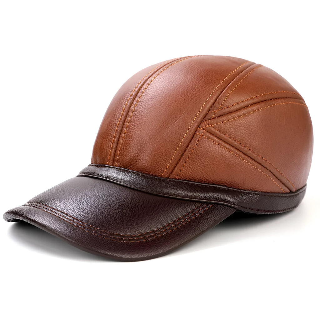 Men's cowhide leather baseball cap with flat short eaves and dome top, adjustable 56-60cm, shown in brown