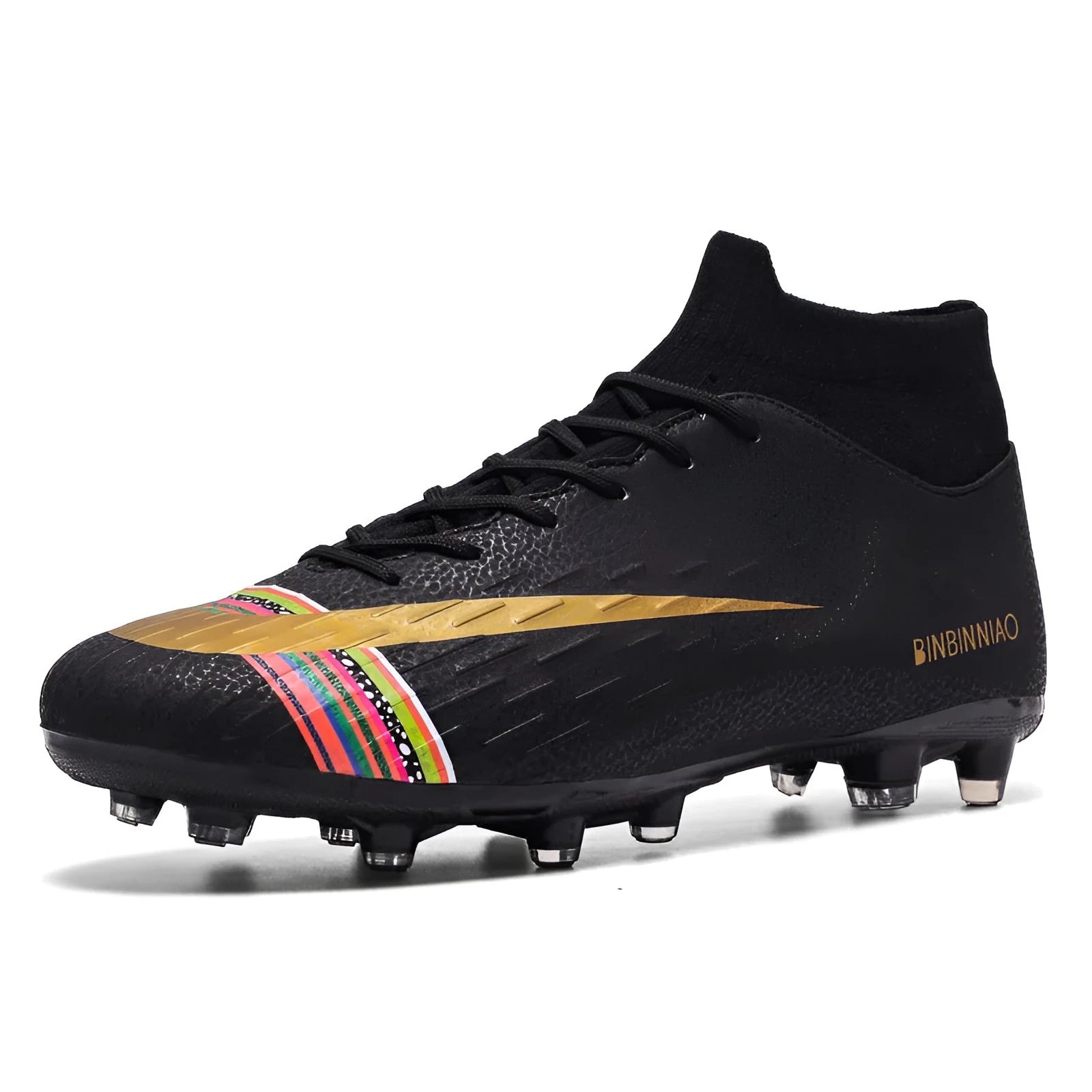 Non-slip football shoes with front tie and printed mesh upper, available in black and white