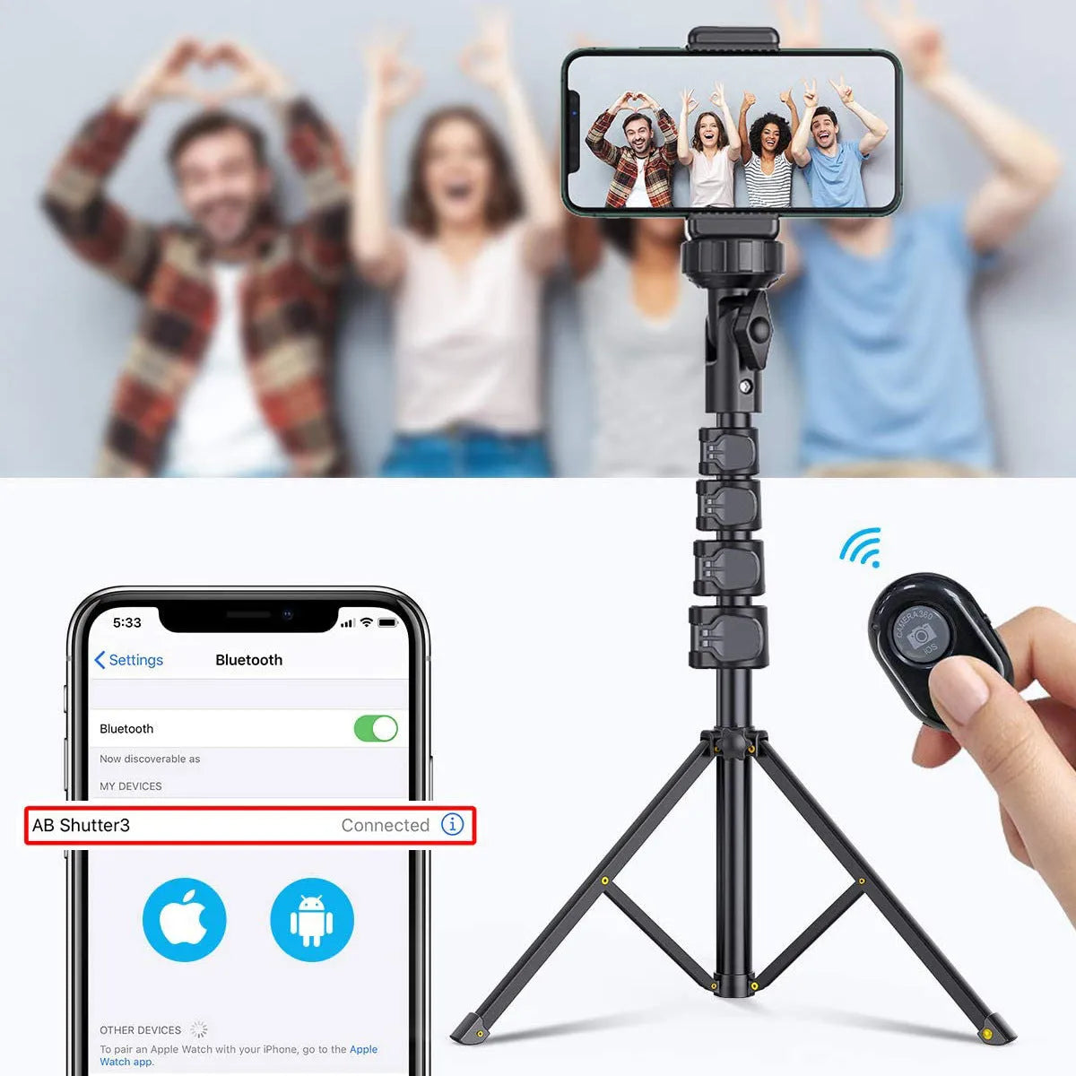 Black aluminium selfie stick tripod collapsed to 45cm with smartphone mount