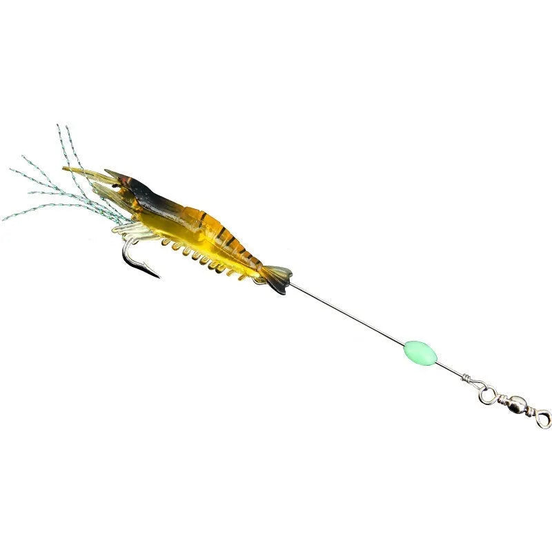 Six soft plastic fishing lures with fixed hooks in assorted colours including black head yellow body and luminous pink
