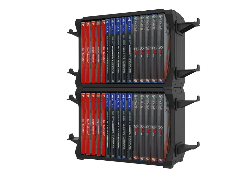 Black PS5 and Xbox Series X game disc holder with slots for discs and pegs for four controllers.