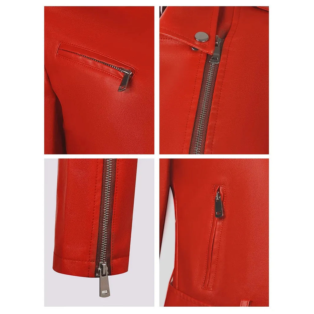 Women's black short PU leather biker jacket with an adjustable waist belt, shown on a hanger.