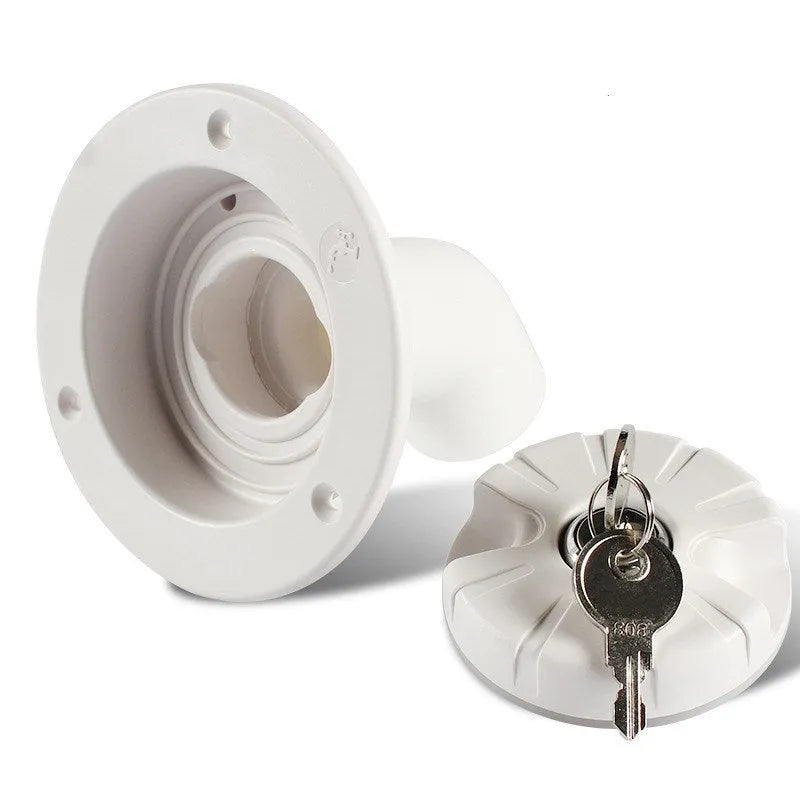 White RV gravity water filling port with 80mm hole and 38mm pipe inner diameter