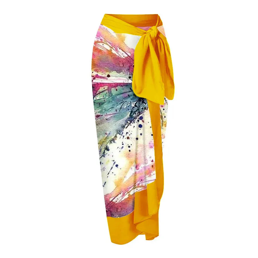 Yellow women's conservative one-piece swimsuit with belly cover on mannequin