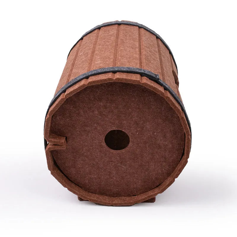 Assembled wine barrel shaped cat bed made from brown polyester fibre felt pieces