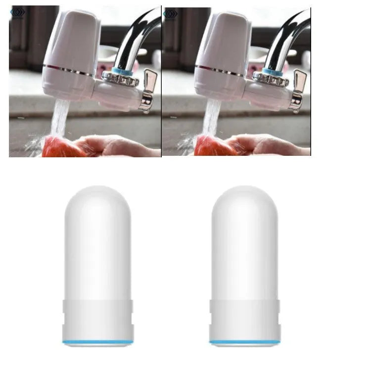 White plastic faucet water filter with ceramic cartridge and universal tap adapter kit.