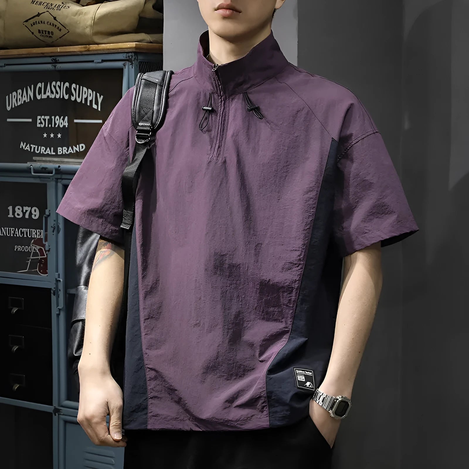 Brown men's short sleeve shirt with half-zip stand collar, made from ice silk fabric.
