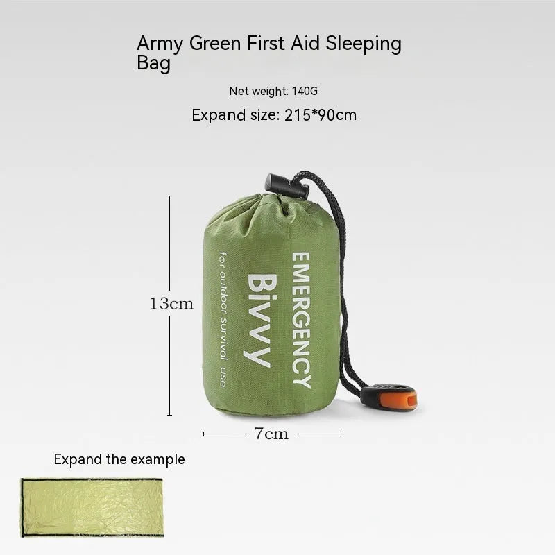 Orange emergency tent with sleeping bag and raincoat for disaster relief camping