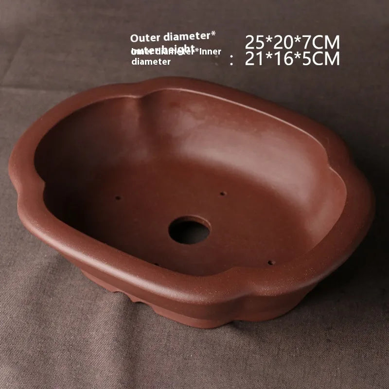 Handmade rectangular purple clay bonsai pot in a classical plain Chinese style.