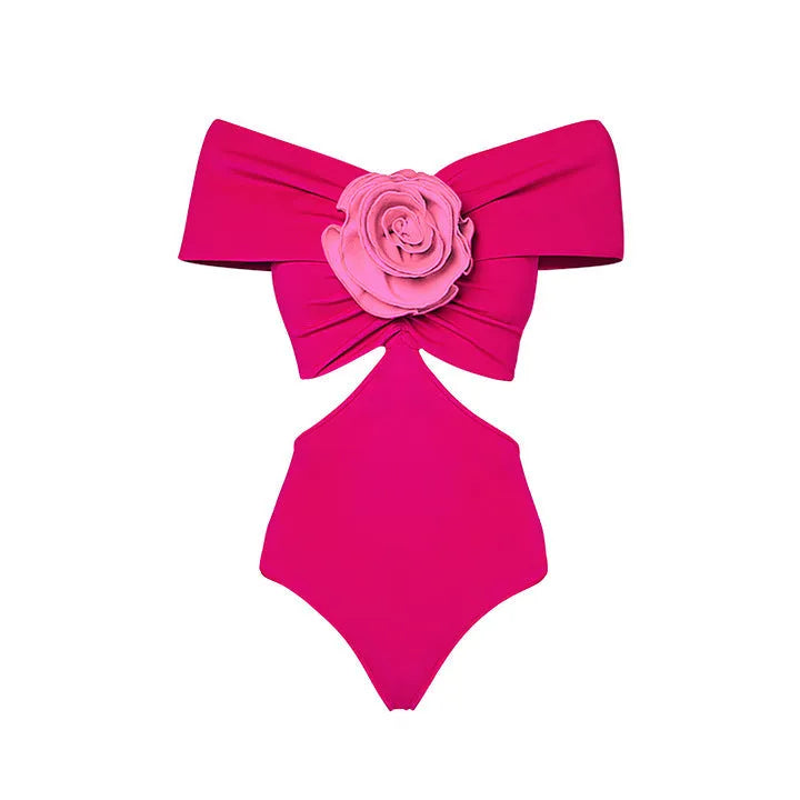 Floral patterned hollow-out one-piece swimsuit with separate skirt laid flat