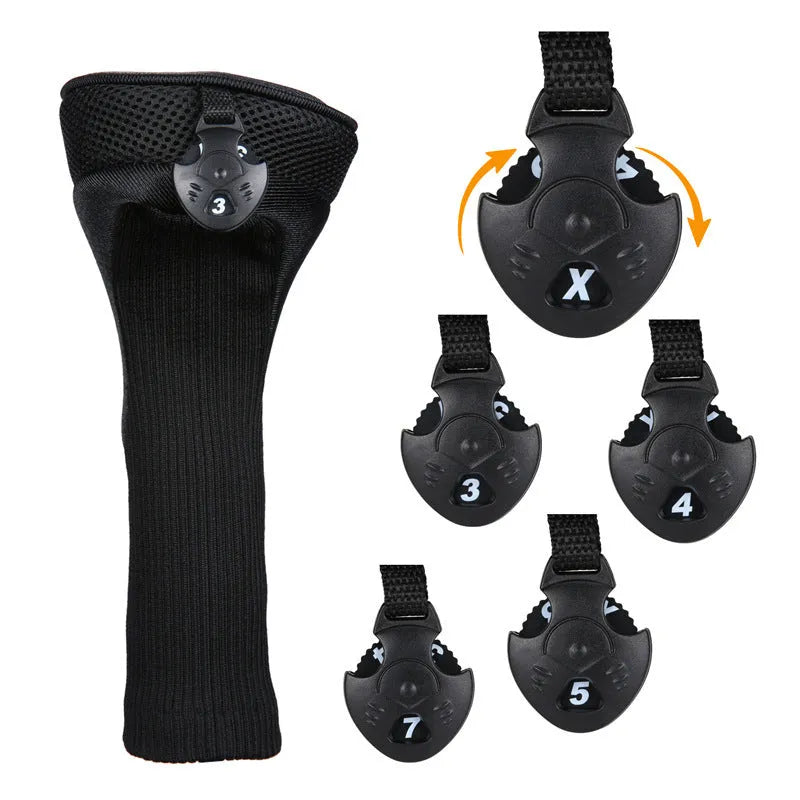 Set of six fabric golf club covers in black, blue, red, and two-tone stripes for driver and fairway wood protection