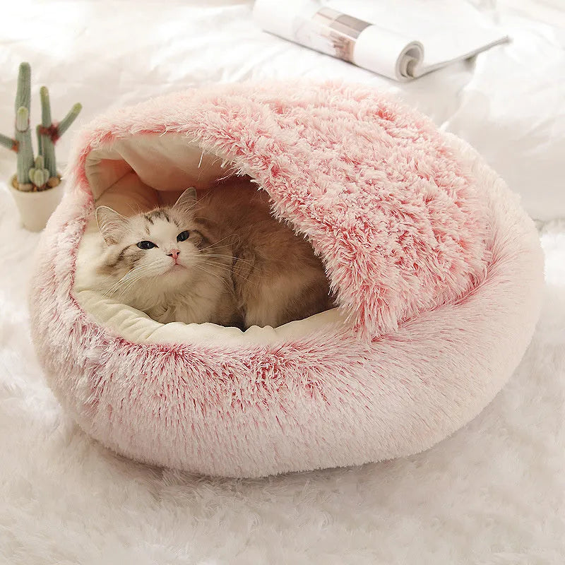 Plush shell pet nest in crystal velvet, round PP cotton cat and dog bed, 50cm diameter, cherry pink colour